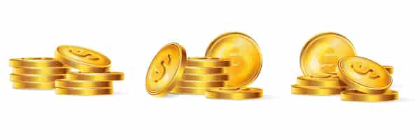 Free vector realistic golden coins set of isolated compositions with piles and stacks of cents on blank background vector illustration