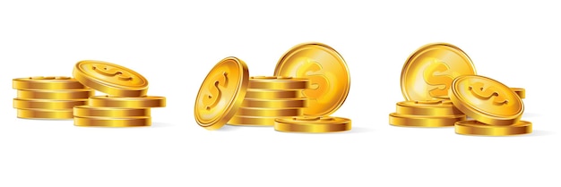 無料ベクター 空白の背景ベクトル図に山とセントのスタックを持つ孤立した構成の現実的な黄金のコイン セット