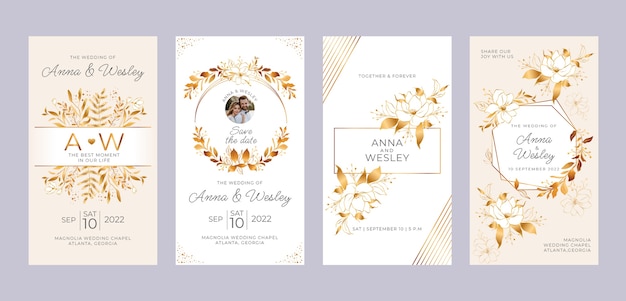 Free vector realistic golden flowers wedding instagram stories