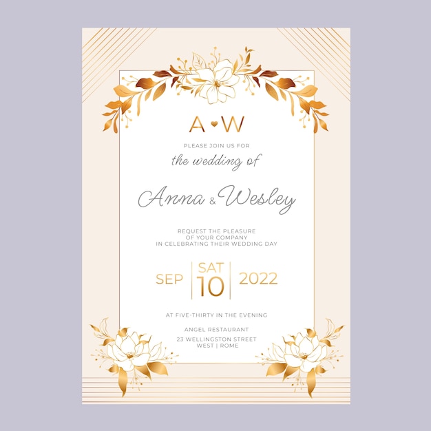 Free vector realistic golden flowers wedding invitation