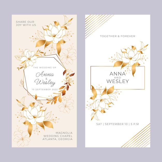 Banner verticale di nozze di fiori dorati realistici