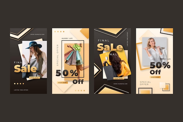 Free vector realistic golden luxury instagram stories collection with photo