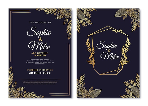 Realistic golden luxury wedding invitation template with photo