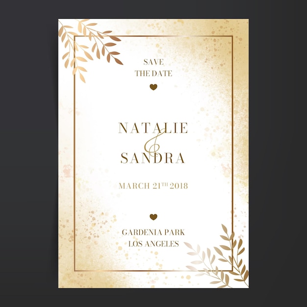 Realistic golden luxury wedding invitation template with photo