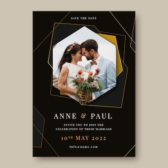 Realistic golden luxury wedding invitation template with photo