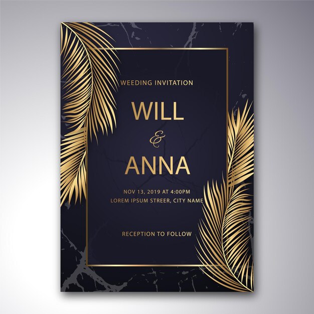 Realistic golden luxury wedding invitation template