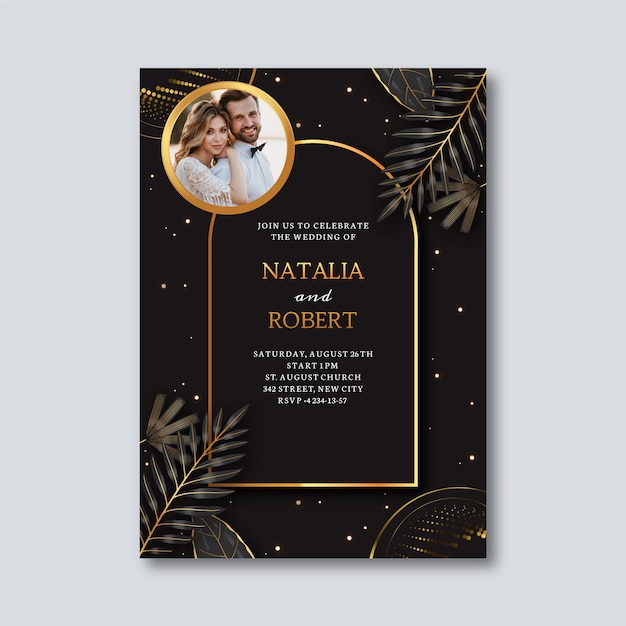 Realistic golden luxury wedding invitation