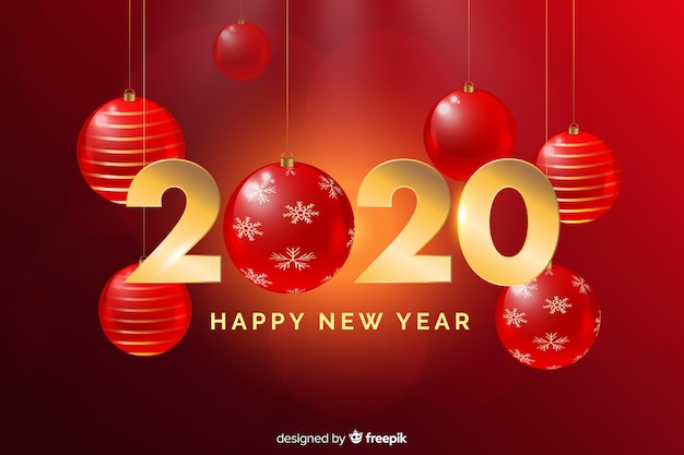 Realistic golden new year 2020 lettering with christmas red globes