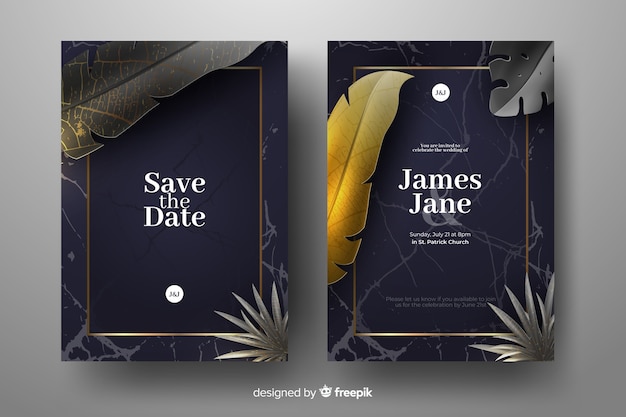 Realistic golden palm leaves wedding invitation template