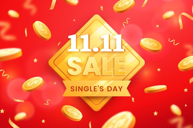 Realistic golden and red single's day background Free Vector