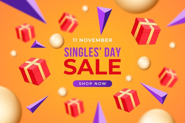 Realistic golden and red single's day background Free Vector