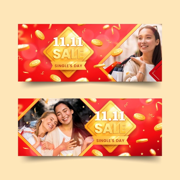 Realistic golden and red single's day banners set