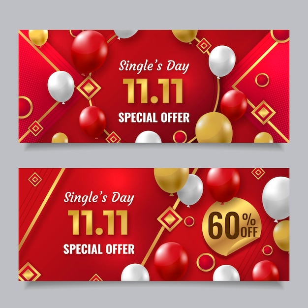 Free vector realistic golden and red single's day horizontal banners set