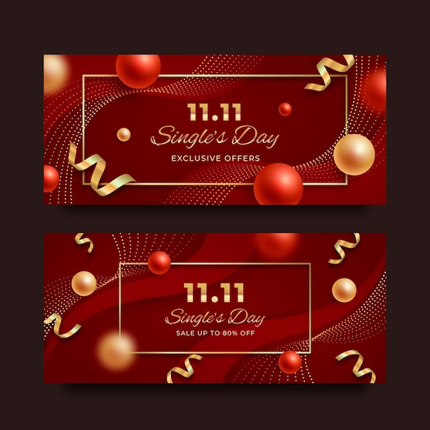 Realistic golden and red single's day sale banners set