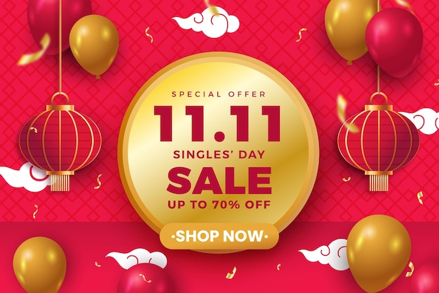 Free vector realistic golden and red single's day sale illustration