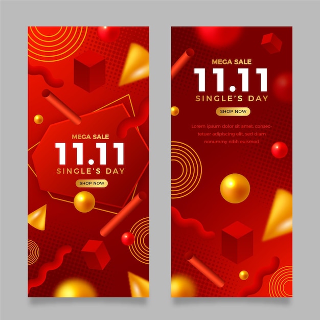 Realistic golden and red single's day vertical banners set