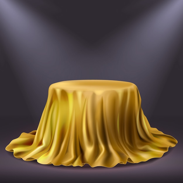 Realistic golden show performance fabric. Gold theatre curtain or royal luxury tablecloth 3d vector illustration