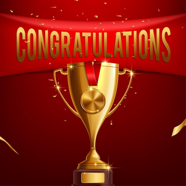 Free vector realistic golden trophy with congratulations text