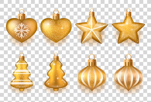 分離された上に設定されたさまざまな形のリアルな金色と白のクリスマスツリーの装飾