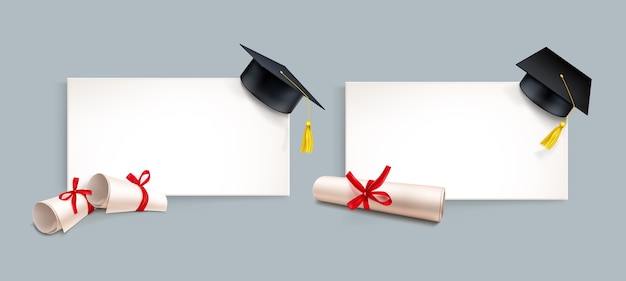 Realistic graduate caps with diplomas