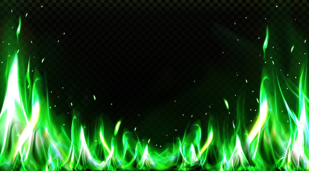Realistic green fire border, burning flame clipart