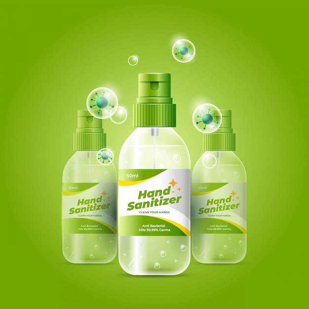 Free vector realistic green hand sanitizer with bubbles