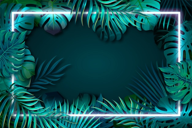 Free vector realistic green leaves with neon frame