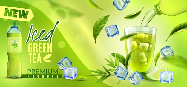 Free vector realistic green tea horizontal banner with ornate brand name ice cubes leaves and plastic bottle pack shot vector illustration