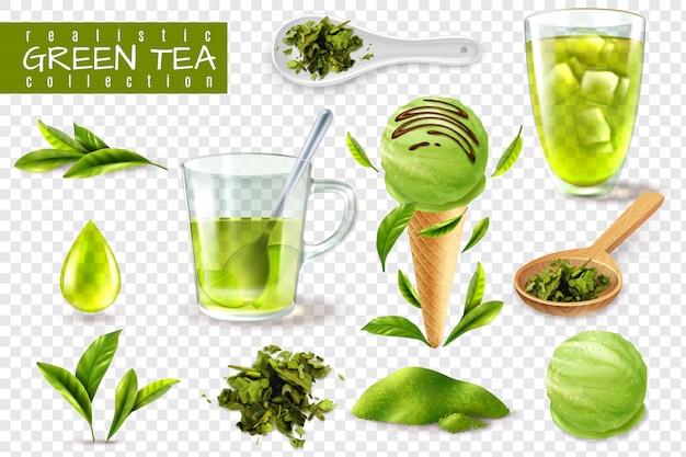 Vettore gratuito l'insieme di tè verde realistico con le immagini isolate dei cucchiai delle tazze e le foglie naturali vector l'illustrazione
