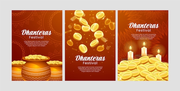 Vettore gratuito collezione di biglietti d'auguri realistica per la celebrazione del festival dhanteras