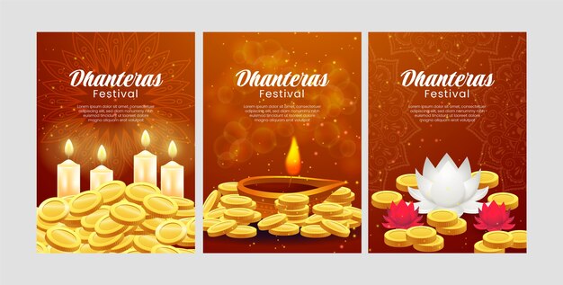 Realistic greeting cards collection for dhanteras festival celebration