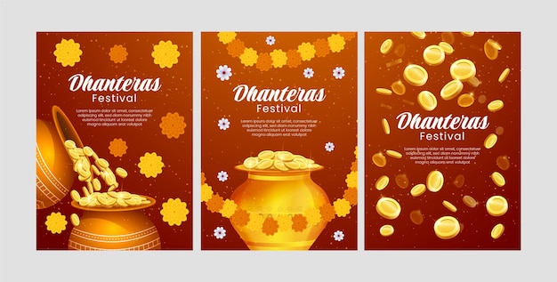 Realistic greeting cards collection for dhanteras festival celebration