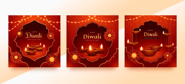 Реалистичная коллекция поздравительных открыток для празднования индуистского фестиваля Дивали