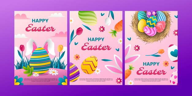 Realistic greeting cards collection for easter celebrationleaveseggsflowers