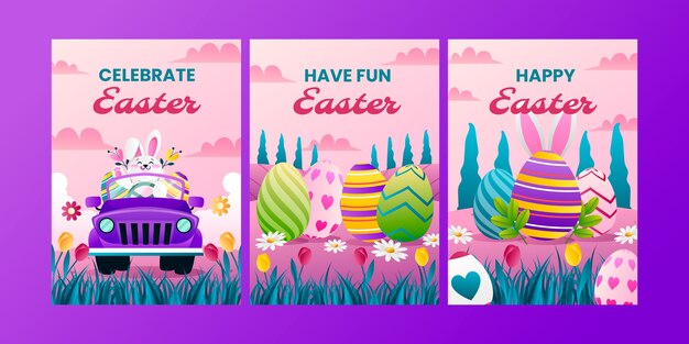 Realistic greeting cards collection for easter celebrationleaveseggsflowers