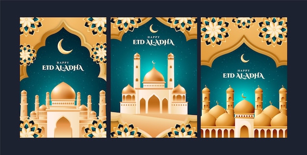 Free vector realistic greeting cards collection for islamic eid al-adha celebration