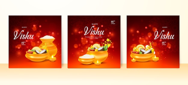 Free vector realistic greeting cards collection for vishu festival celebration