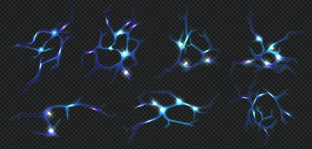 Free vector realistic ground cracks set with blur colored neuron fracture images with glowing sections on dark background vector illustration