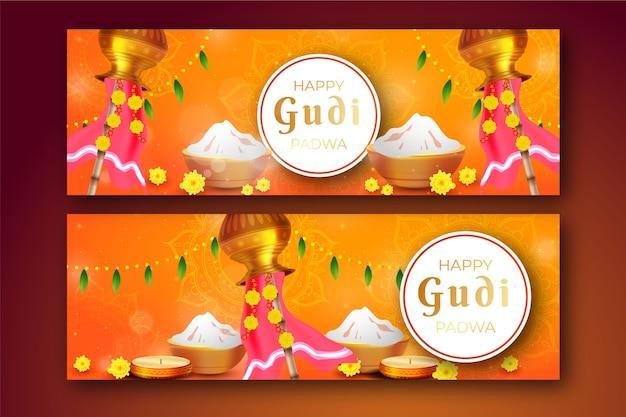 Бесплатное векторное изображение Набор реалистичных горизонтальных баннеров gudi padwa