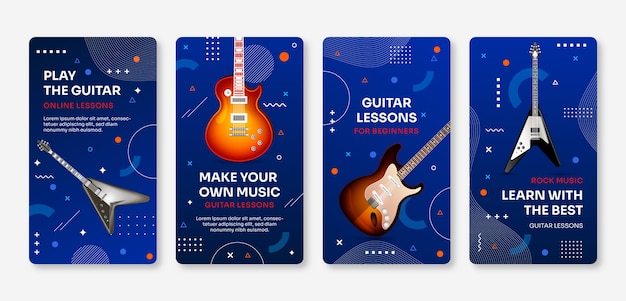 Free vector realistic guitar lessons instagram stories collection