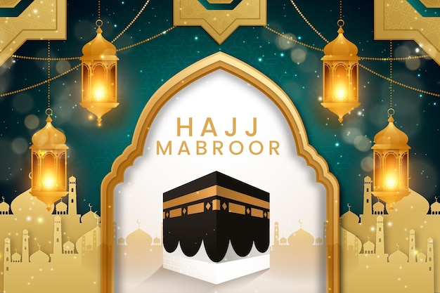 Free vector realistic hajj background with mecca and lanterns