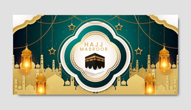 Modello di banner orizzontale hajj realistico con mecca e lanterne