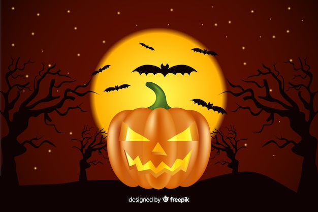 Realistic halloween background with pumpkin and bats
