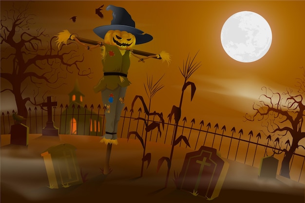Realistic halloween background with scarecrow