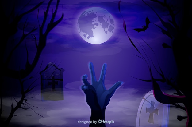 Realistic halloween background with a zombie hand