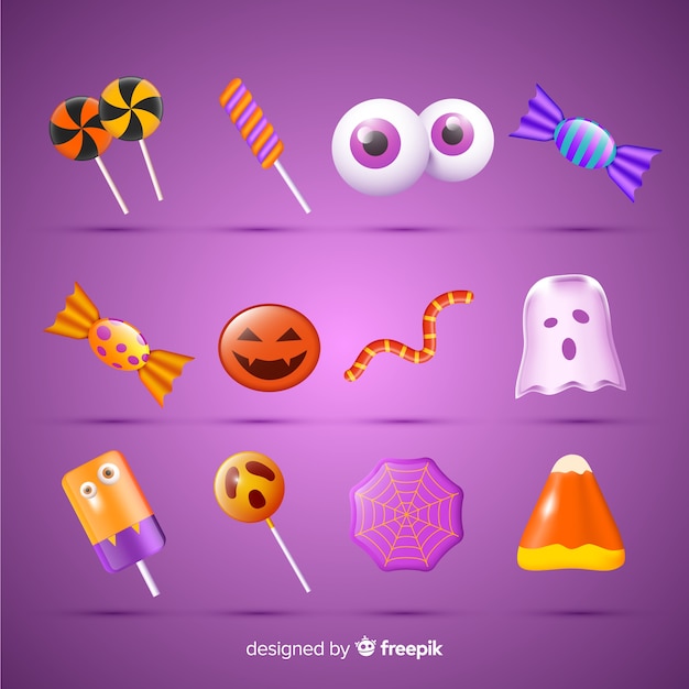 Realistic halloween candy collection on pink background