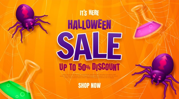 Realistic halloween horizontal sale banner template