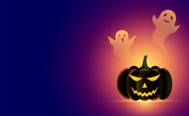 Realistic halloween pumpkin with scary ghosts background