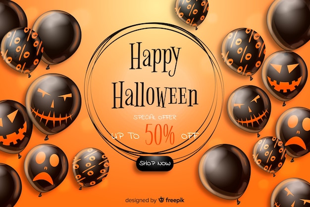 Realistic halloween sale background with black balloons