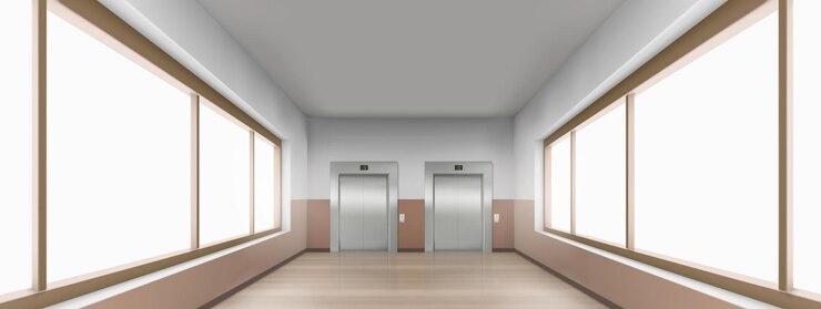 無料Vector 大きな窓のエレベーターのあるリアルな廊下